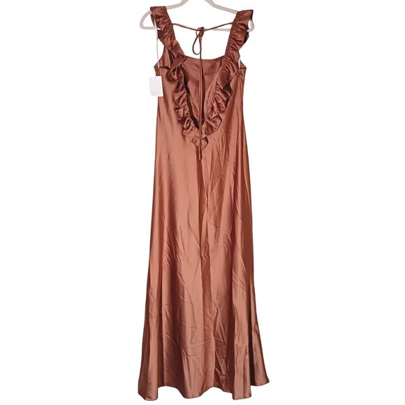NEW Social Bridesmaids Ruffle Trimmed Open-Back Maxi Slip Dress Toffee‎ Size LB - Picture 6 of 14